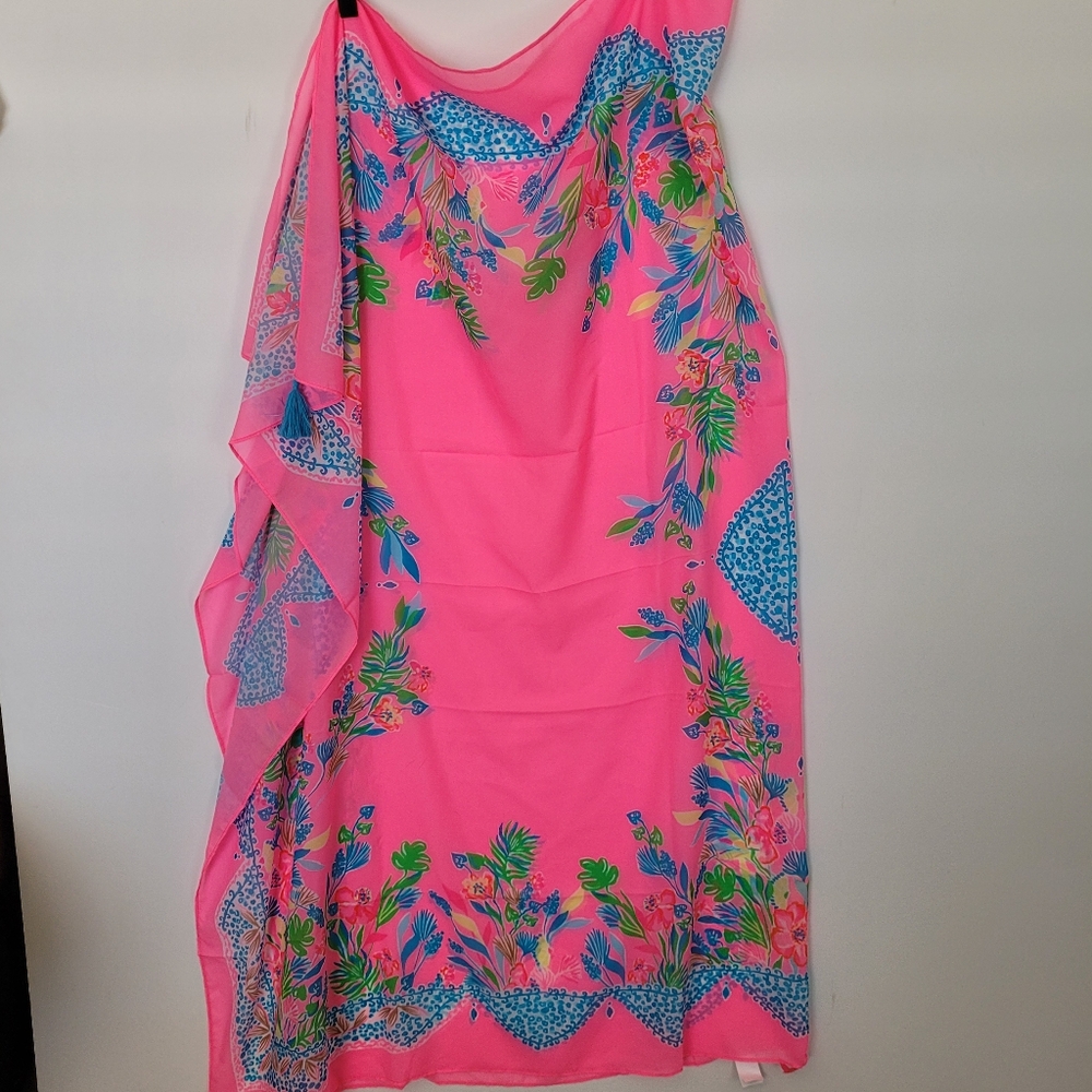 NWOT LILLY PULITZER Havana Pink Floral Swimsuit Wrap Cover Up Sheer  Tassels